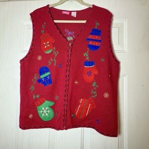 Christmas Holiday Sweater Vest Mittens Sz XL Capagallo Red W Designs N